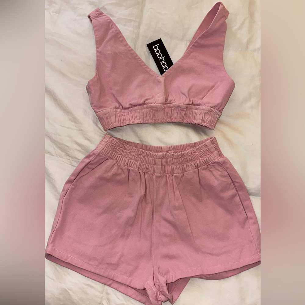 Boohoo denim pink shorts set
